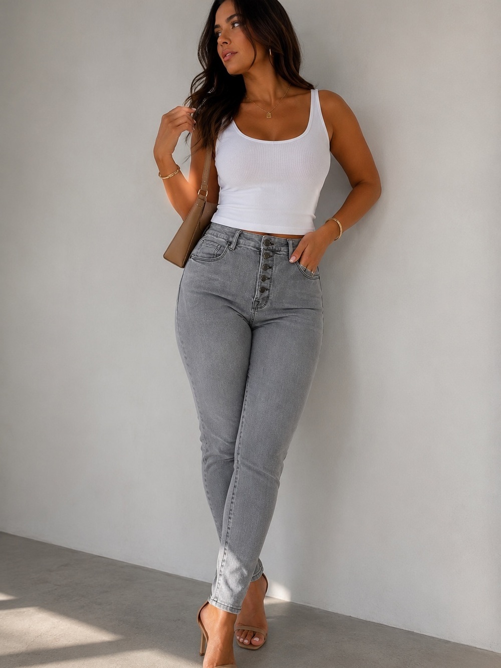 Good American Gray High Rise Button Fly Skinny Jeans Size 14/32